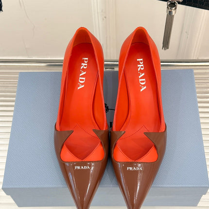 KITTEN HEEL PUMPS IN BROWN MIX ORANGE CALFSKIN