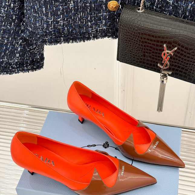 KITTEN HEEL PUMPS IN BROWN MIX ORANGE CALFSKIN