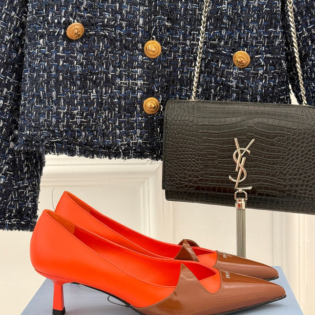 KITTEN HEEL PUMPS IN BROWN MIX ORANGE CALFSKIN