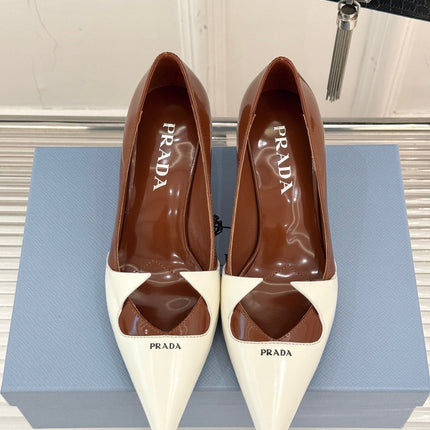 KITTEN HEEL PUMPS IN WHITE MIX BROWN CALFSKIN