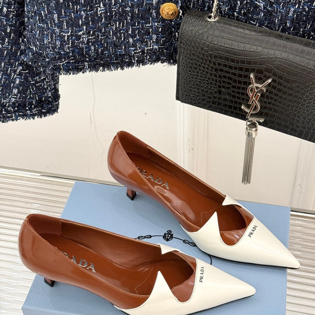 KITTEN HEEL PUMPS IN WHITE MIX BROWN CALFSKIN