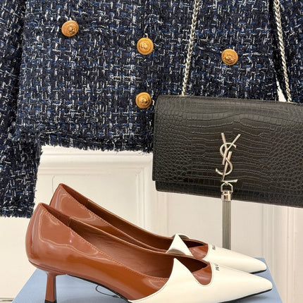 KITTEN HEEL PUMPS IN WHITE MIX BROWN CALFSKIN