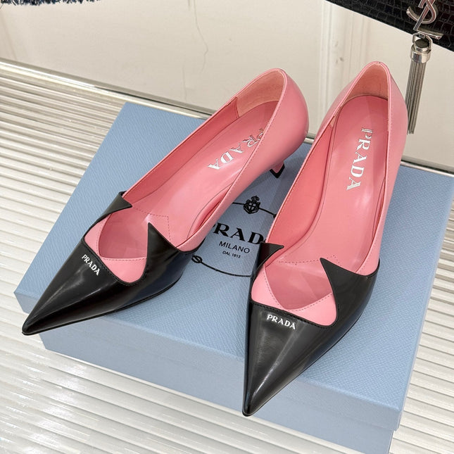 KITTEN HEEL PUMPS IN PINK MIX BLACK CALFSKIN