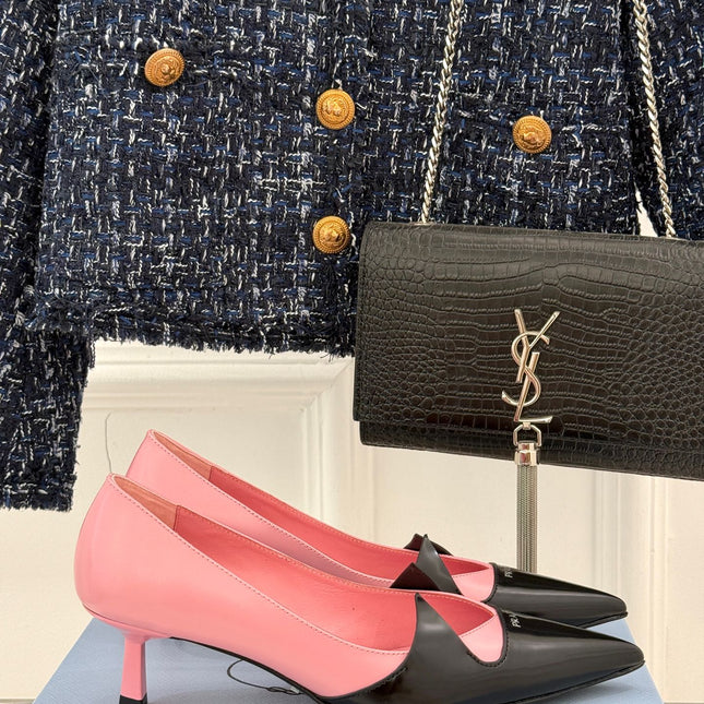 KITTEN HEEL PUMPS IN PINK MIX BLACK CALFSKIN