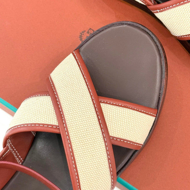 SANDALS THICK SOLE CROSS STRAP IN BEIGE FABRIC AND ORANGE CALFSKIN