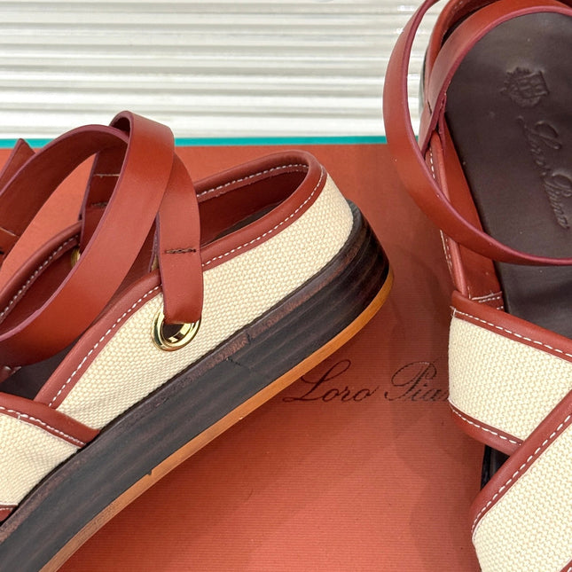 SANDALS THICK SOLE CROSS STRAP IN BEIGE FABRIC AND ORANGE CALFSKIN