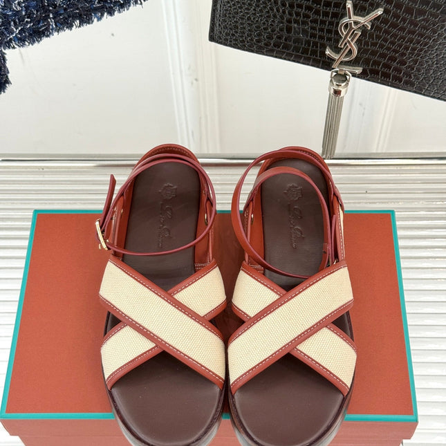 SANDALS THICK SOLE CROSS STRAP IN BEIGE FABRIC AND ORANGE CALFSKIN
