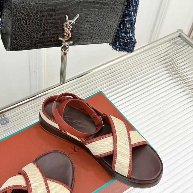 SANDALS THICK SOLE CROSS STRAP IN BEIGE FABRIC AND ORANGE CALFSKIN