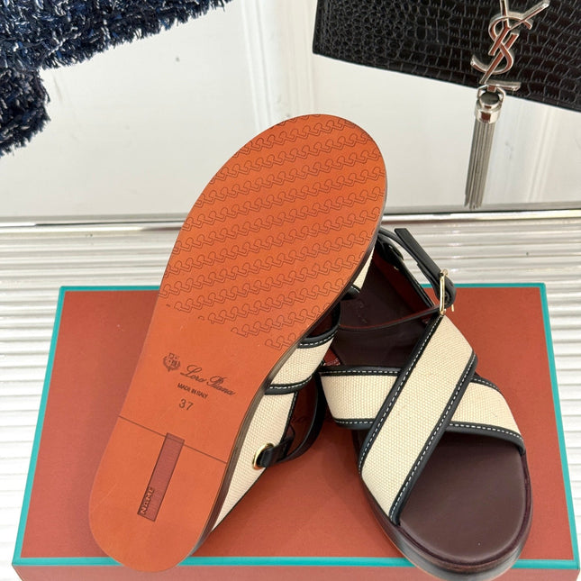 SANDALS THICK SOLE CROSS STRAP IN BEIGE FABRIC AND BROWN CALFSKIN