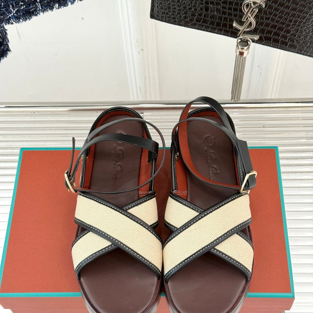 SANDALS THICK SOLE CROSS STRAP IN BEIGE FABRIC AND BROWN CALFSKIN