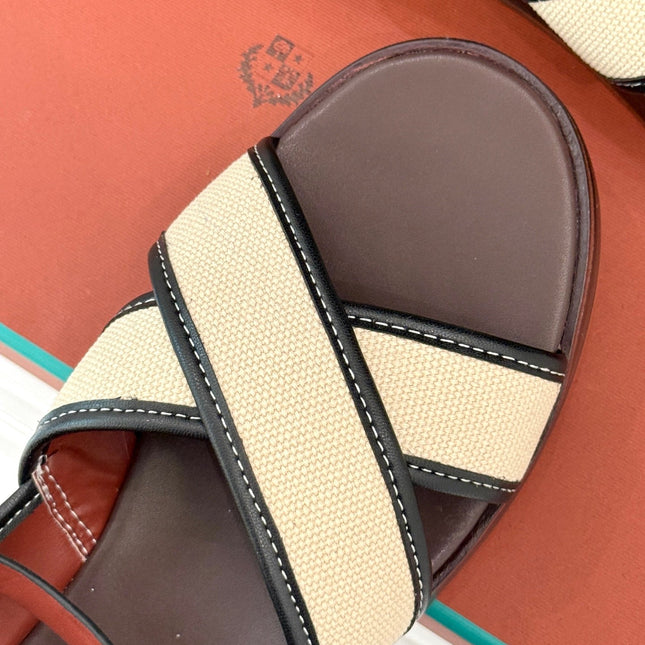 SANDALS THICK SOLE CROSS STRAP IN BEIGE FABRIC AND BROWN CALFSKIN