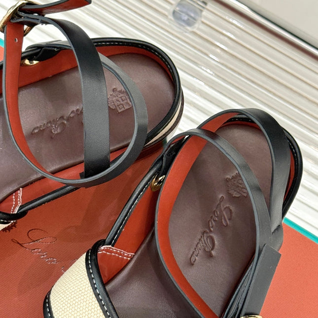 SANDALS THICK SOLE CROSS STRAP IN BEIGE FABRIC AND BROWN CALFSKIN