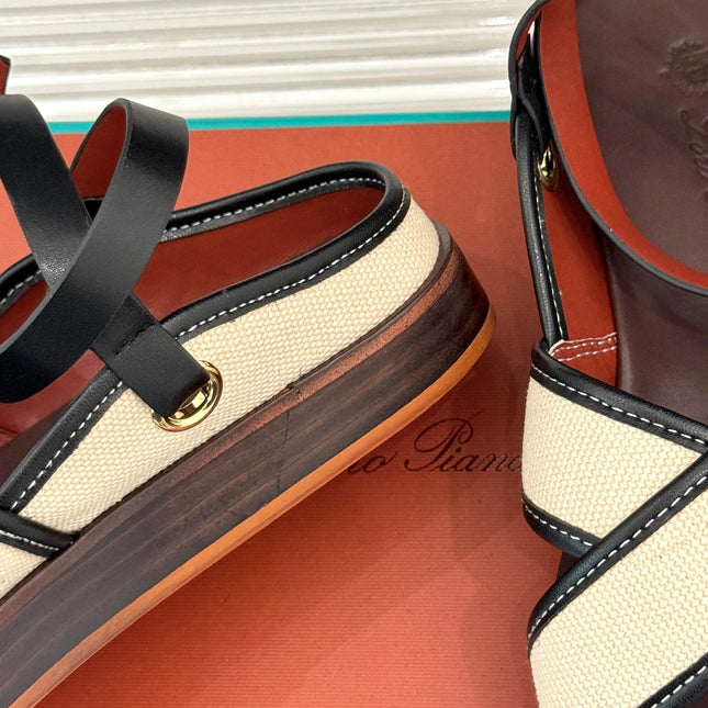 SANDALS THICK SOLE CROSS STRAP IN BEIGE FABRIC AND BROWN CALFSKIN