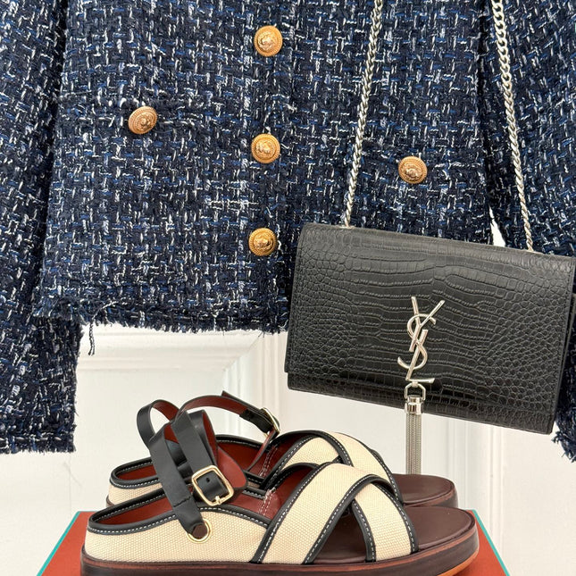 SANDALS THICK SOLE CROSS STRAP IN BEIGE FABRIC AND BROWN CALFSKIN