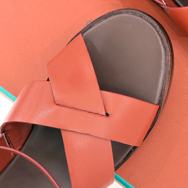 SANDALS THICK SOLE CROSS STRAP IN BURNT ORANGE AND BROWN CALFSKIN