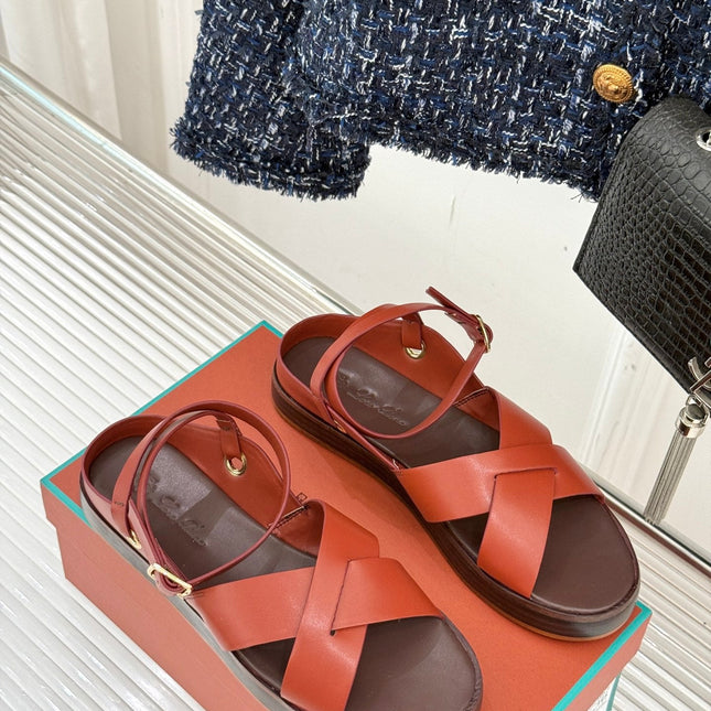 SANDALS THICK SOLE CROSS STRAP IN BURNT ORANGE AND BROWN CALFSKIN