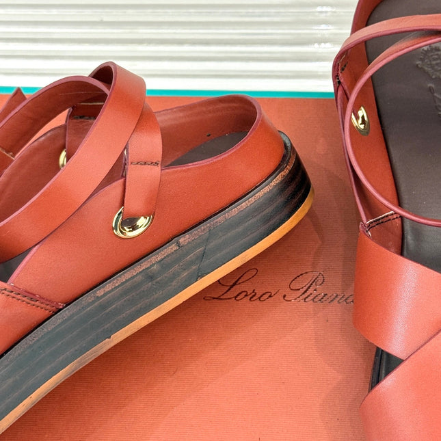 SANDALS THICK SOLE CROSS STRAP IN BURNT ORANGE AND BROWN CALFSKIN