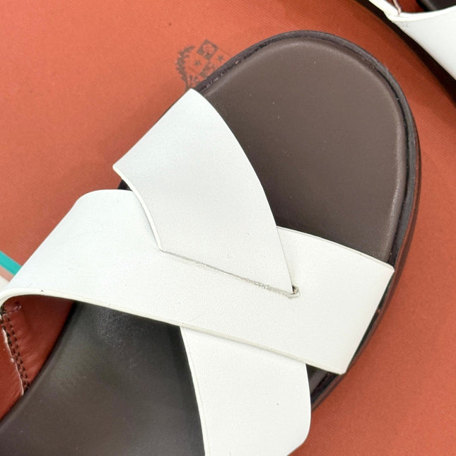 SANDALS THICK SOLE CROSS STRAP IN WHITE AND BROWN CALFSKIN
