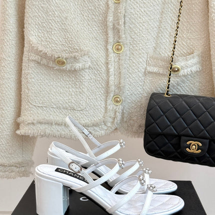 HIGH HEELS SANDAL IN WHITE LAMBSKIN PEARL FLOWERS