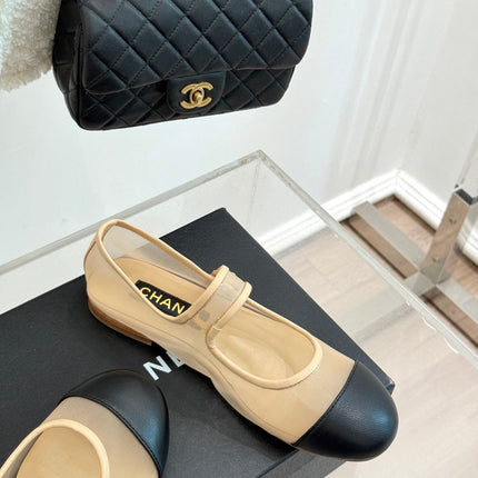 FLAT SHOES IN BEIGE MESH AND BLACK LAMBSKIN