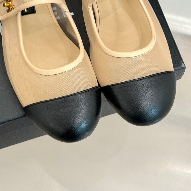 FLAT SHOES IN BEIGE MESH AND BLACK LAMBSKIN