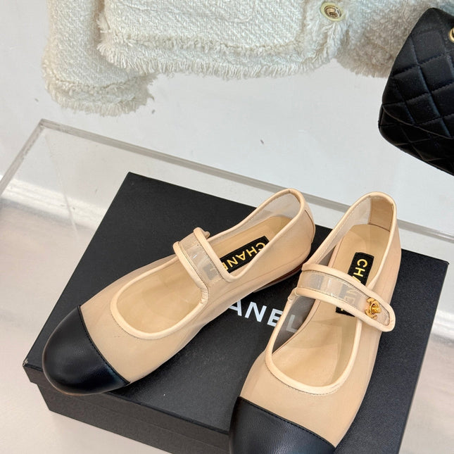 FLAT SHOES IN BEIGE MESH AND BLACK LAMBSKIN