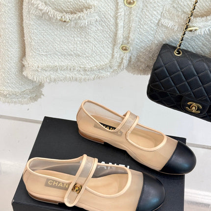 FLAT SHOES IN BEIGE MESH AND BLACK LAMBSKIN