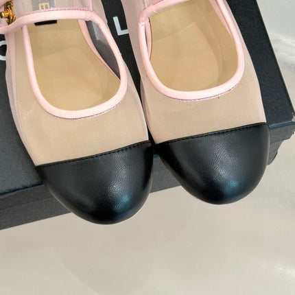 FLAT SHOES IN PINK MESH AND BLACK LAMBSKIN