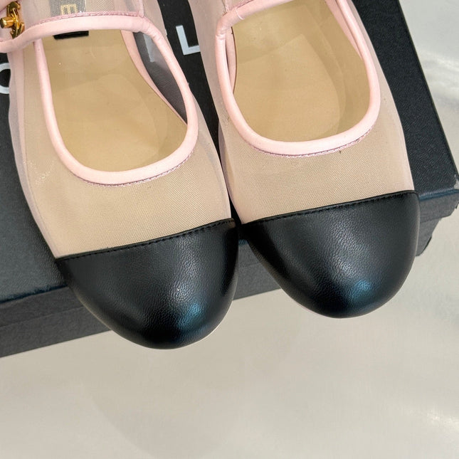 FLAT SHOES IN PINK MESH AND BLACK LAMBSKIN