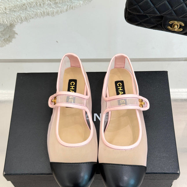FLAT SHOES IN PINK MESH AND BLACK LAMBSKIN