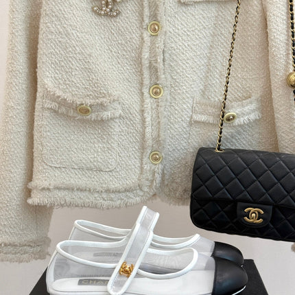 FLAT SHOES IN WHITE MESH AND BLACK LAMBSKIN