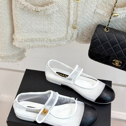 FLAT SHOES IN WHITE MESH AND BLACK LAMBSKIN
