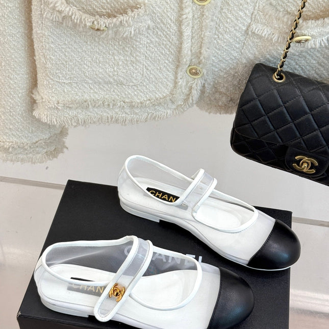 FLAT SHOES IN WHITE MESH AND BLACK LAMBSKIN