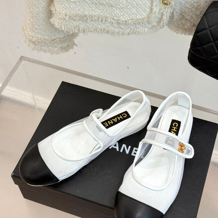 FLAT SHOES IN WHITE MESH AND BLACK LAMBSKIN