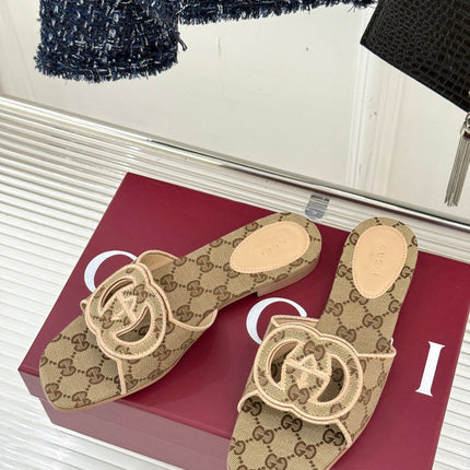 SLIDE SANDALS IN DARK BEIGE FABRIC EMBOSSED LOGO STYLE 3