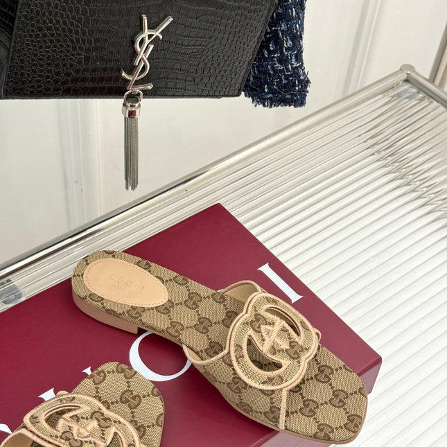 SLIDE SANDALS IN DARK BEIGE FABRIC EMBOSSED LOGO STYLE 3