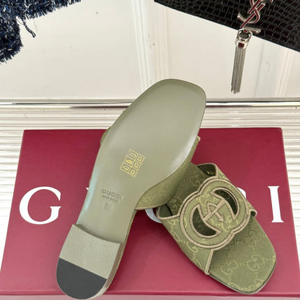 SLIDE SANDALS IN MOSS GREEN FABRIC EMBOSSED LOGO STYLE 2