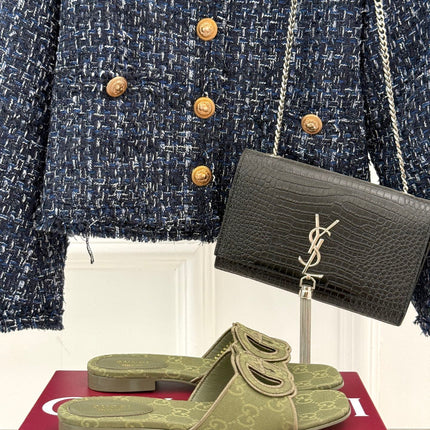 SLIDE SANDALS IN MOSS GREEN FABRIC EMBOSSED LOGO STYLE 2