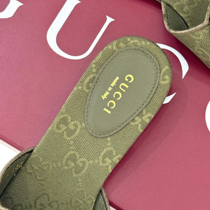 SLIDE SANDALS IN MOSS GREEN FABRIC EMBOSSED LOGO STYLE 2