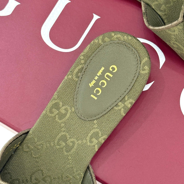 SLIDE SANDALS IN MOSS GREEN FABRIC EMBOSSED LOGO STYLE 2