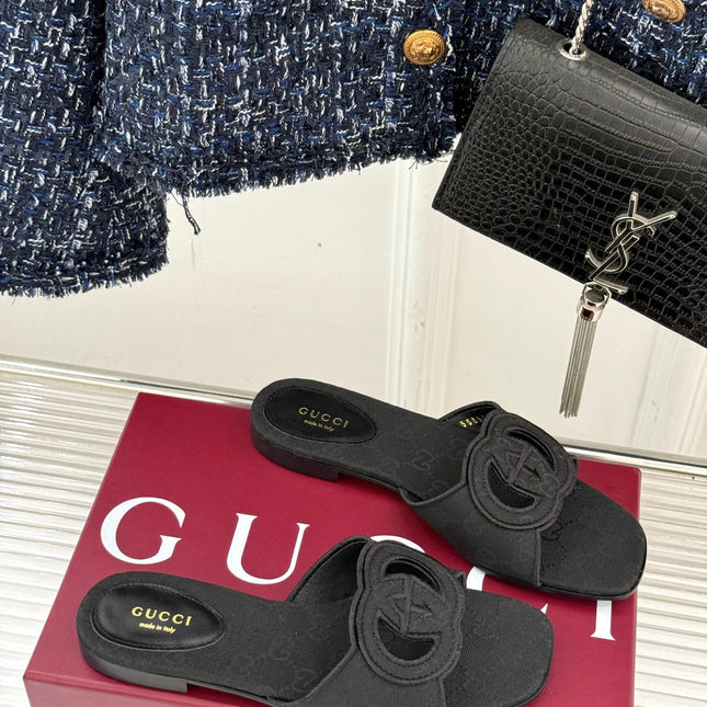 SLIDE SANDALS IN BLACK FABRIC EMBOSSED LOGO STYLE 1