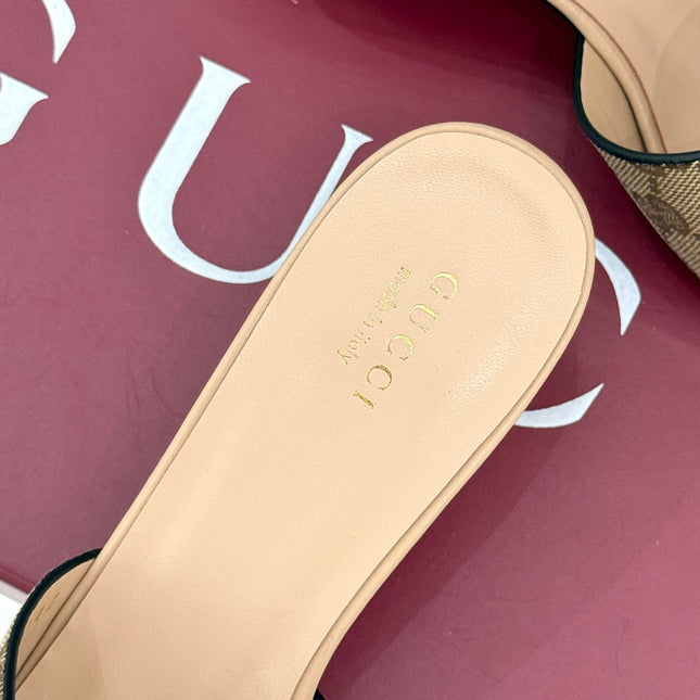 MID-HEEL MULE IN BEIGE CALFSKIN AND FABRIC