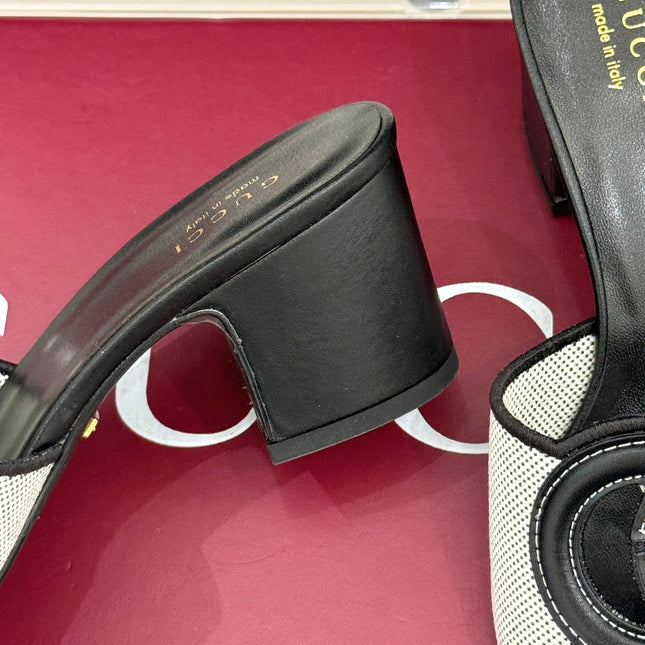 MID-HEEL MULE IN BLACK CALFSKIN AND CREAM WHITE FABRIC