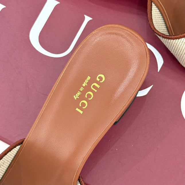 MID-HEEL MULE IN BROWN CALFSKIN AND CREAM WHITE FABRIC