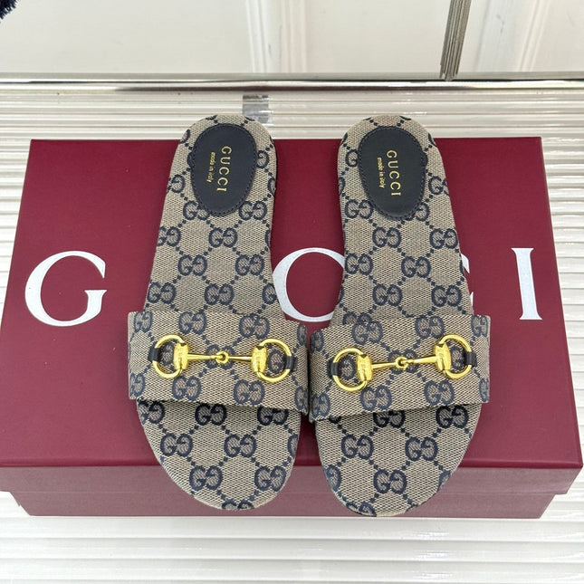 SLIDE SANDALS IN WARM BEIGE FABRIC EMBOSSED LOGO