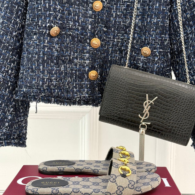 SLIDE SANDALS IN WARM BEIGE FABRIC EMBOSSED LOGO