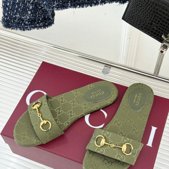 SLIDE SANDALS IN MOSS GREEN FABRIC EMBOSSED LOGO