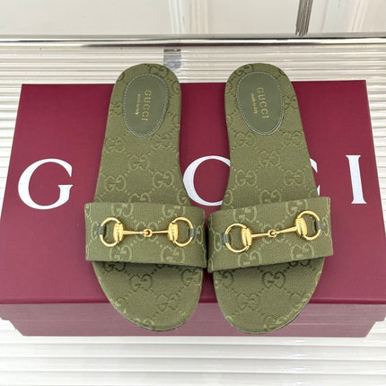 SLIDE SANDALS IN MOSS GREEN FABRIC EMBOSSED LOGO