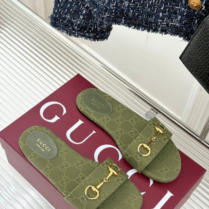 SLIDE SANDALS IN MOSS GREEN FABRIC EMBOSSED LOGO