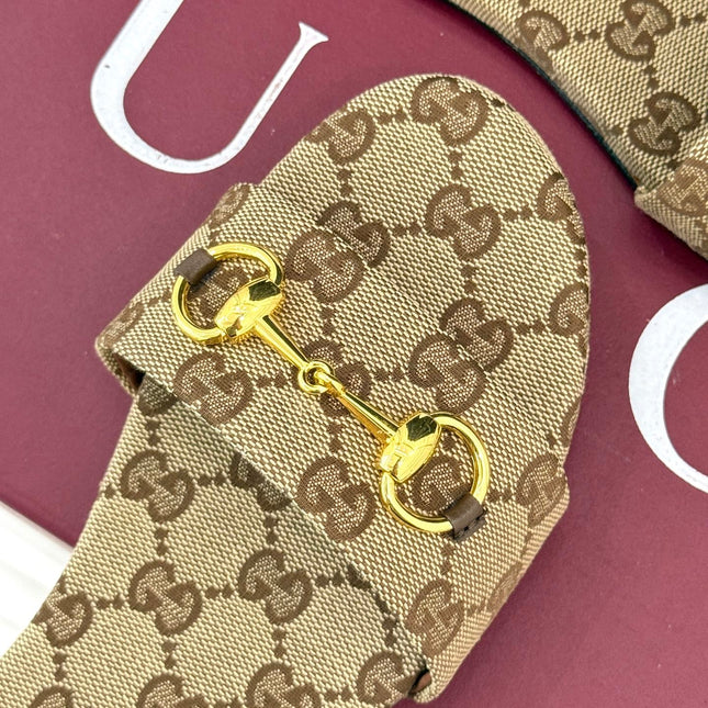 SLIDE SANDALS IN DARK BEIGE FABRIC EMBOSSED LOGO